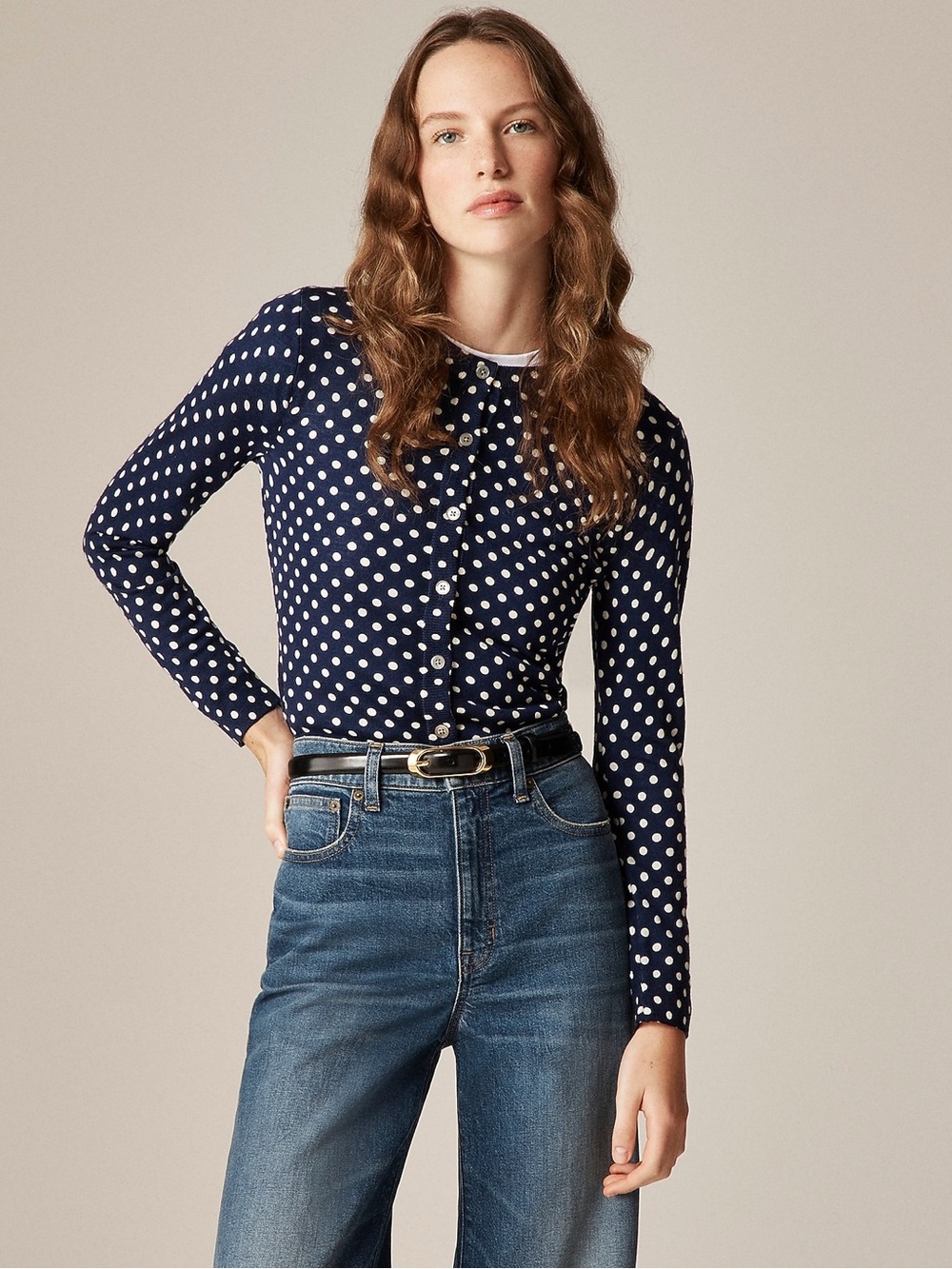 J.Crew Carolyn Navy Polka Dot 100% Merino Wool Cardigan Sweater Size Medium